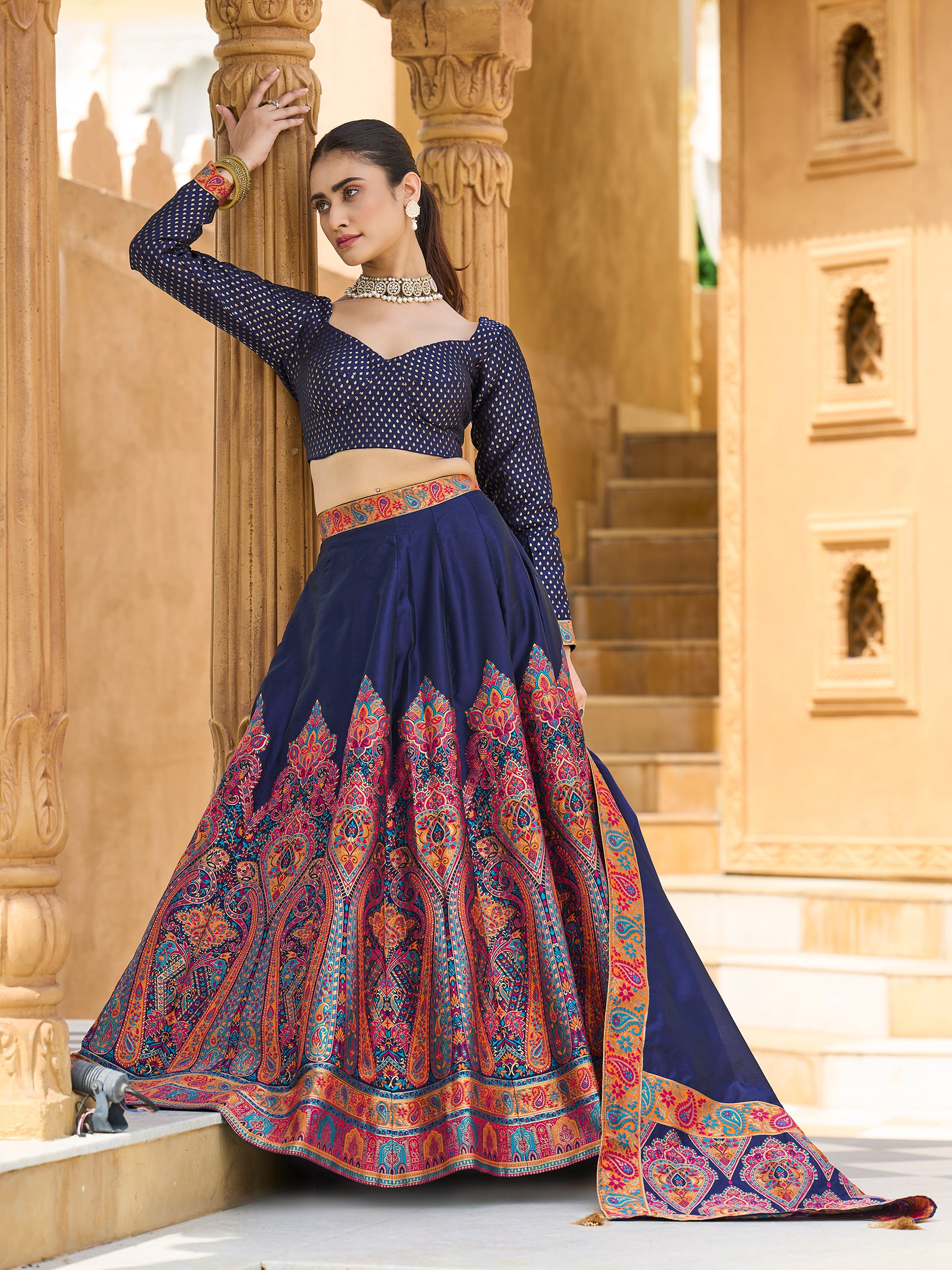 Women's Navy-Blue Jacquard Crape Lehengas