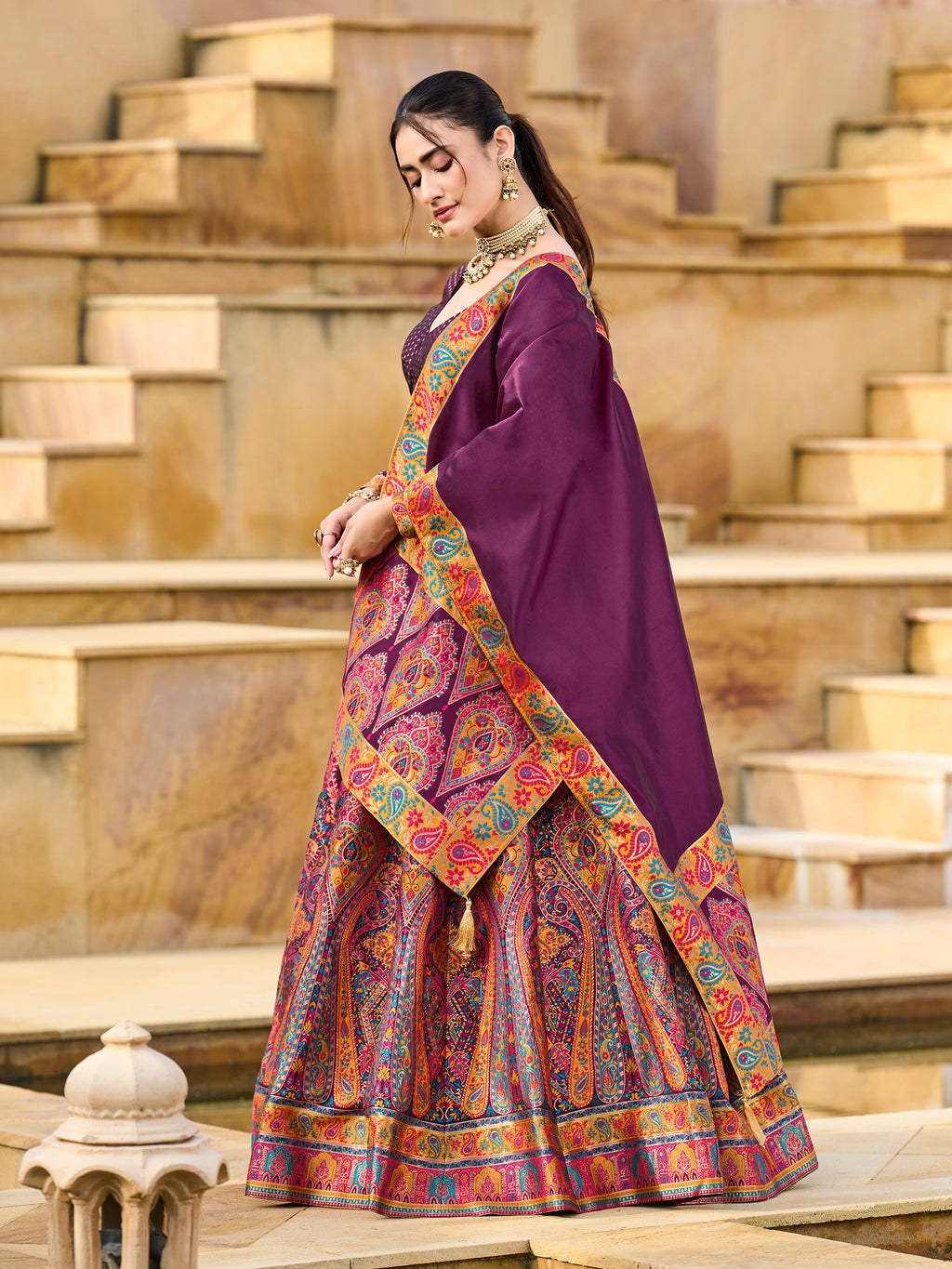 Women's Wine Jacquard Crape Lehengas