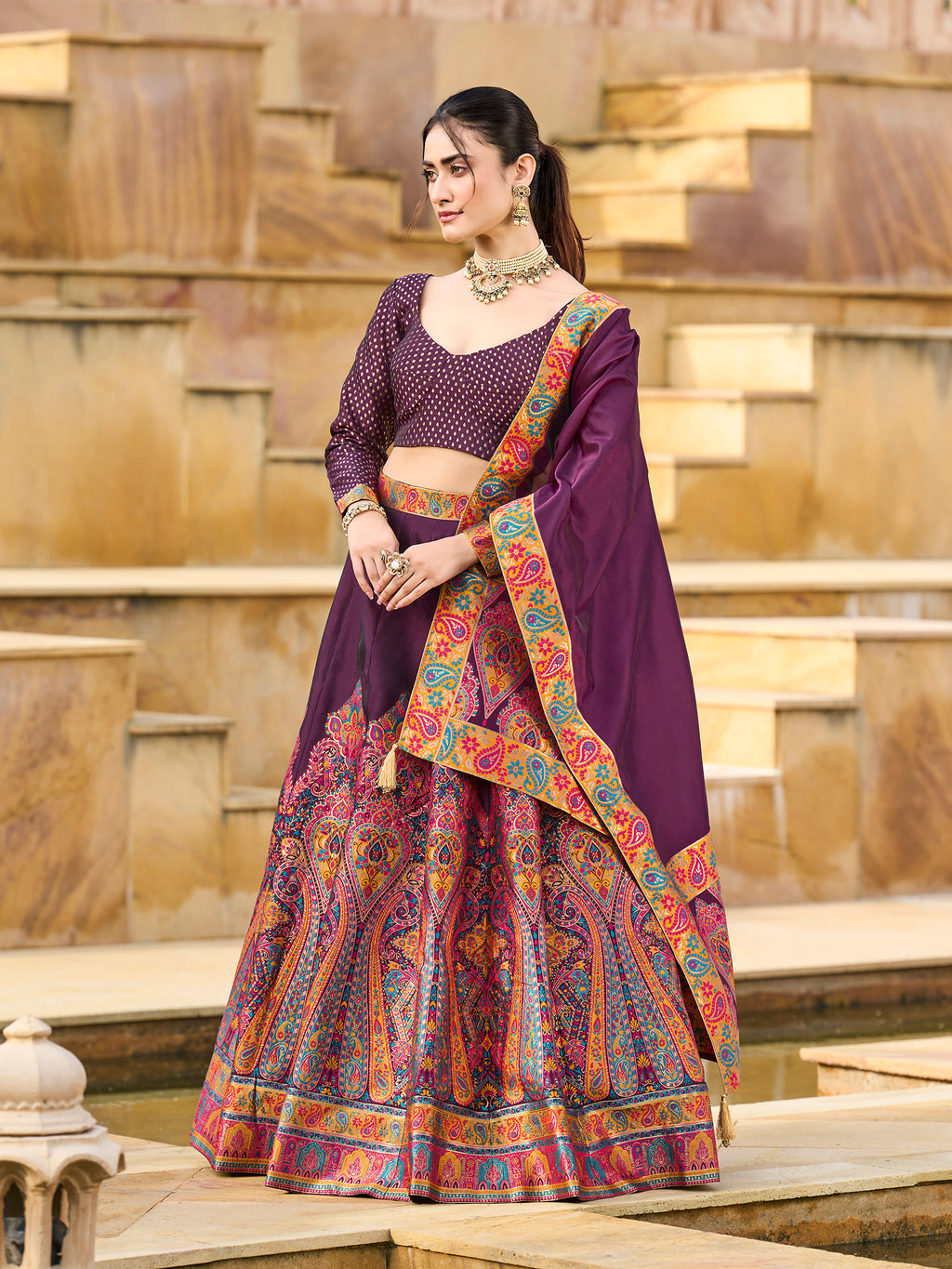 Women's Wine Jacquard Crape Lehengas