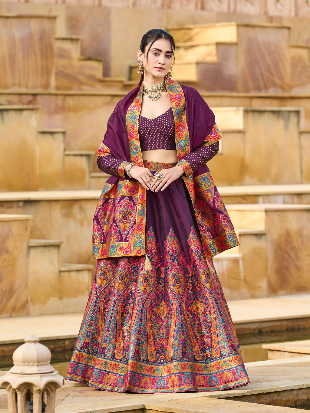 Women's Wine Jacquard Crape Lehengas