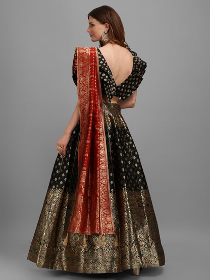 Women Black Self Design Print Lehenga