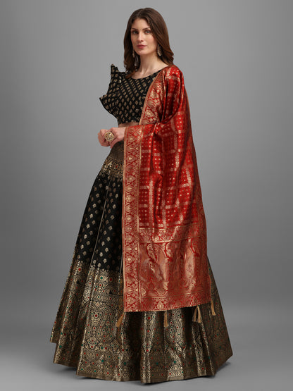 Women Black Self Design Print Lehenga