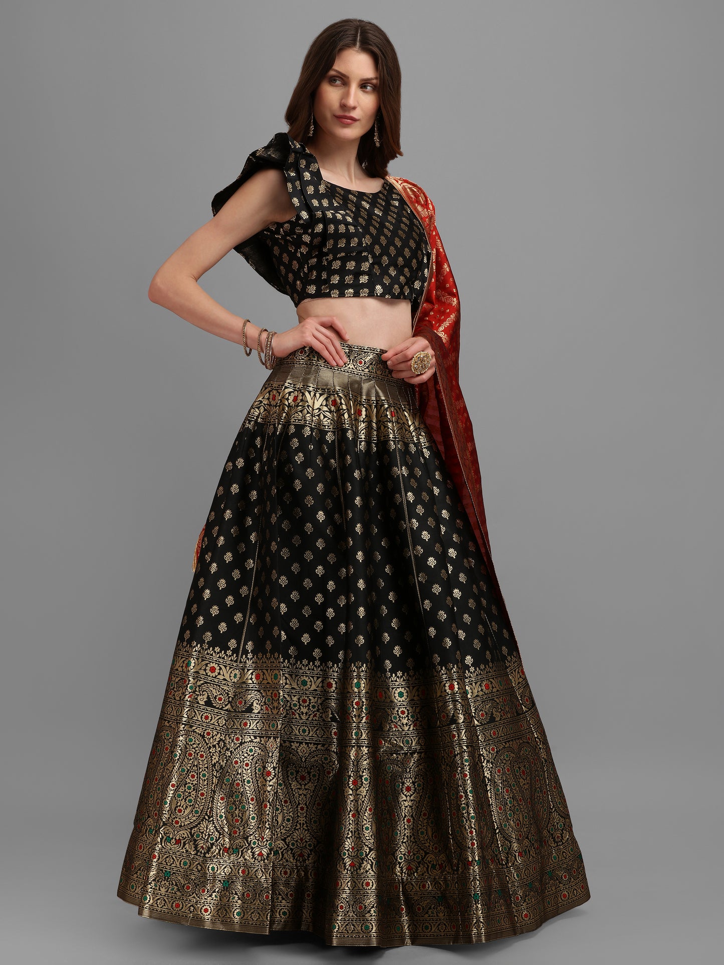 Women Black Self Design Print Lehenga