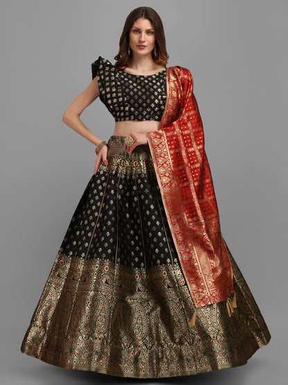 Women Black Self Design Print Lehenga