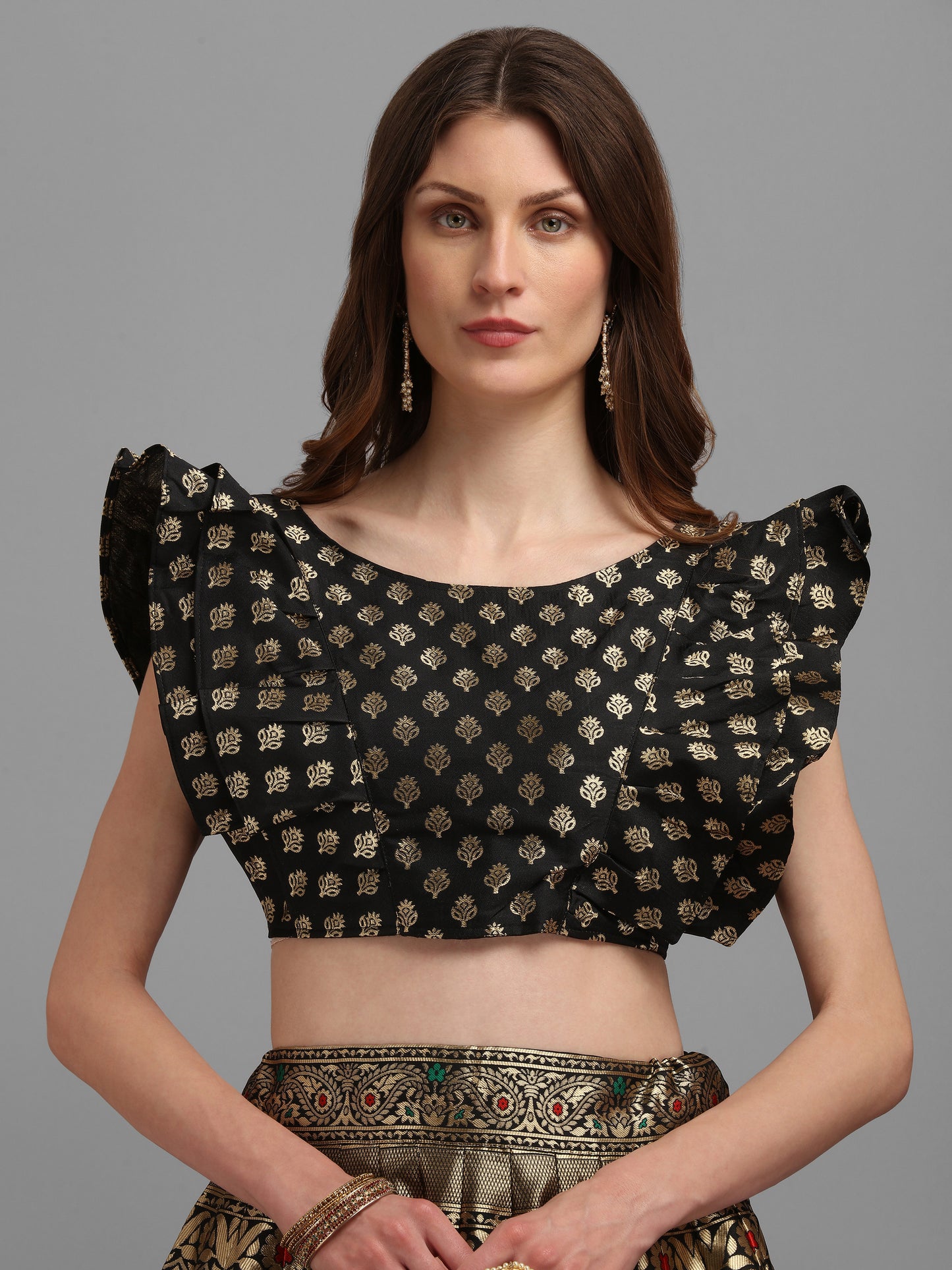 Women Black Self Design Print Lehenga