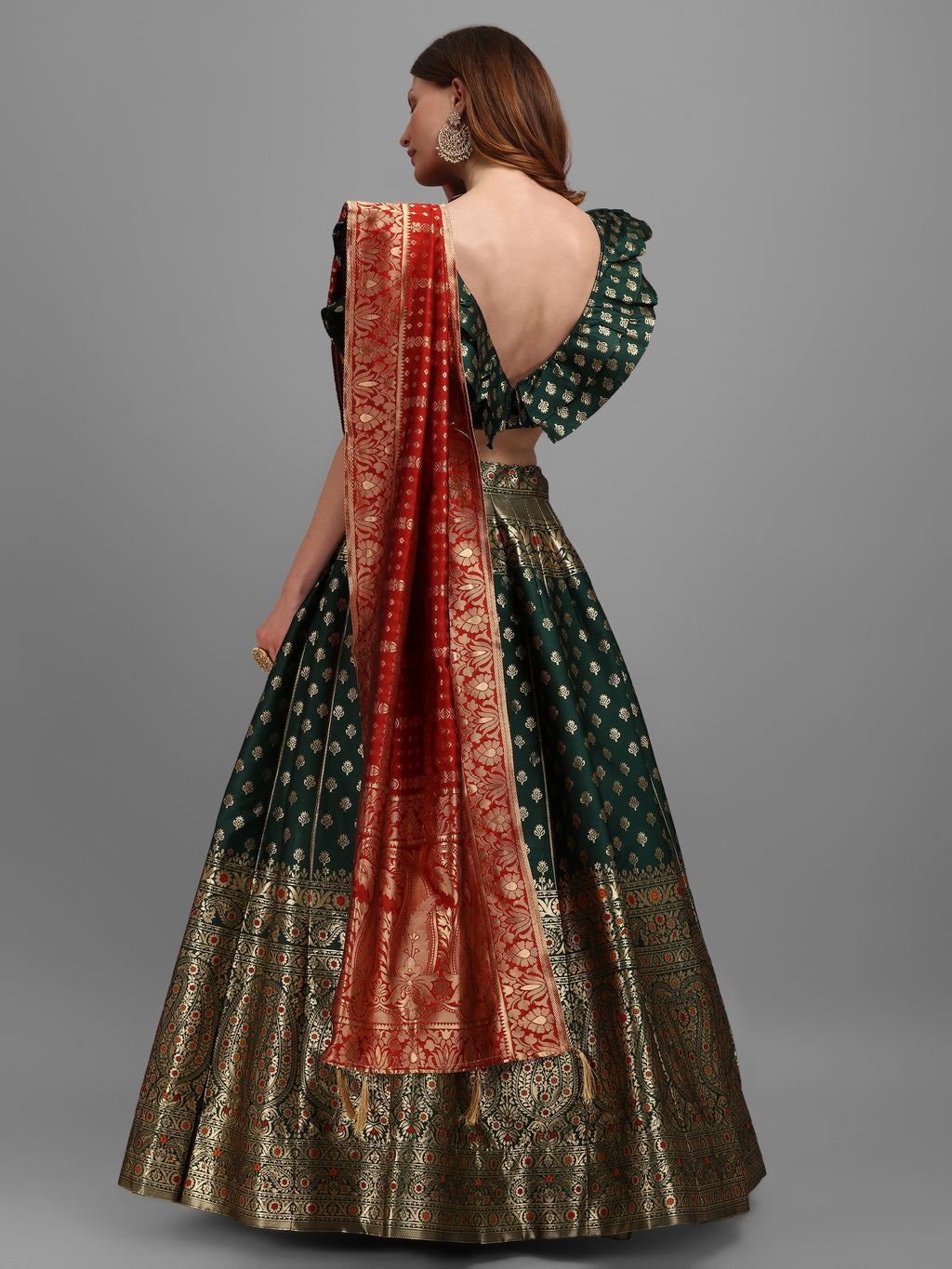 Women Green Self Design Print Lehenga