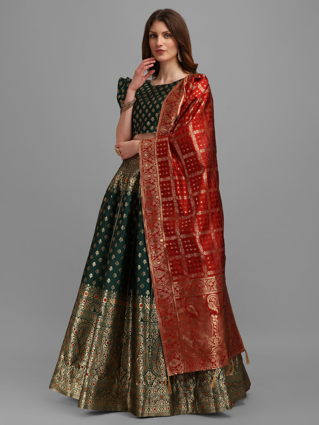Women Green Self Design Print Lehenga