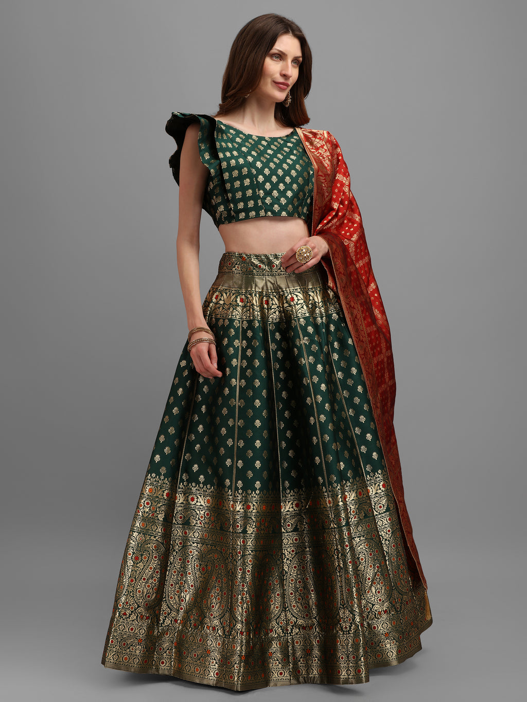 Women Green Self Design Print Lehenga
