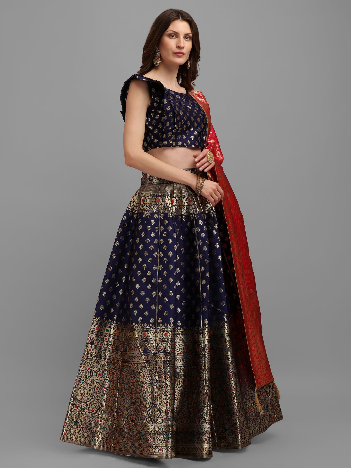 Women Blue Self Design Print Lehenga