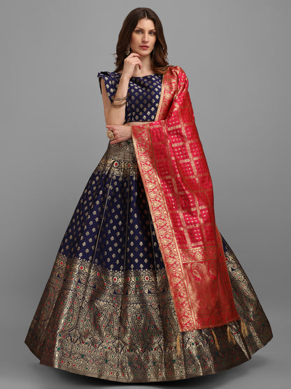 Women Blue Self Design Print Lehenga