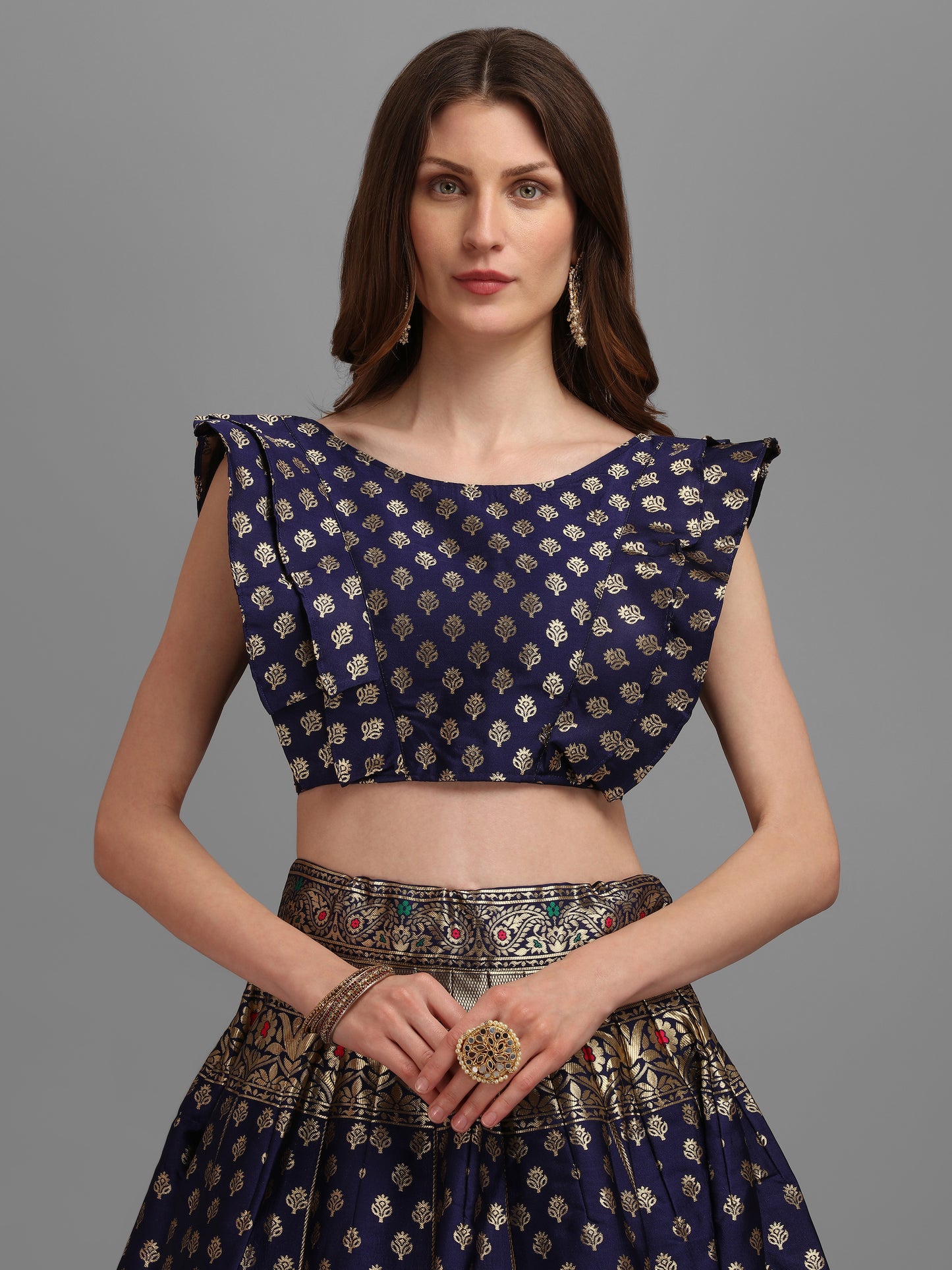 Women Blue Self Design Print Lehenga