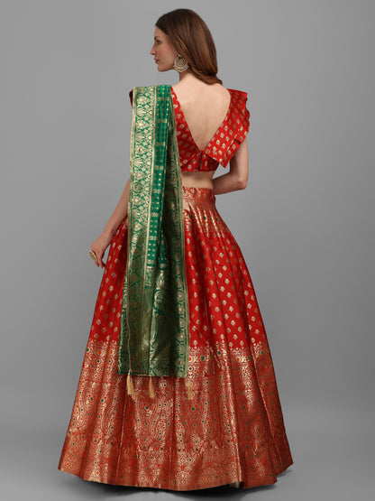 Women Red Self Design Print Lehenga