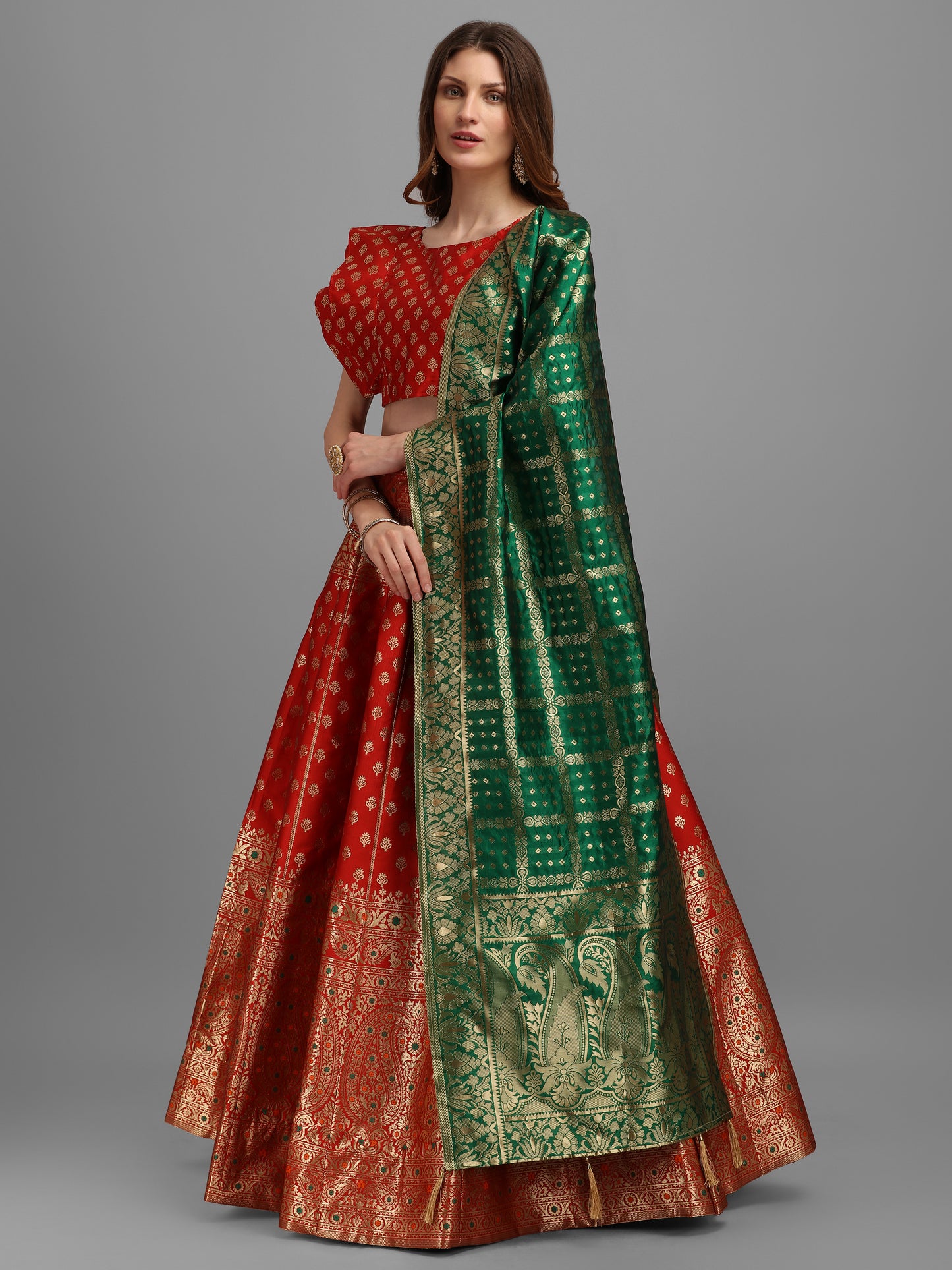 Women Red Self Design Print Lehenga