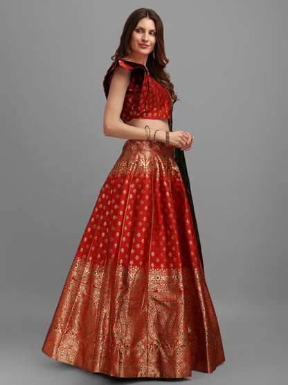 Women Red Self Design Print Lehenga