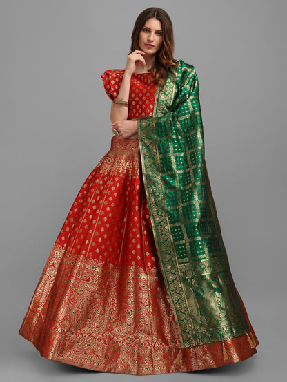 Women Red Self Design Print Lehenga