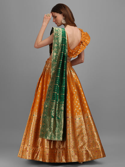 Women Yellow Self Design Print Lehenga