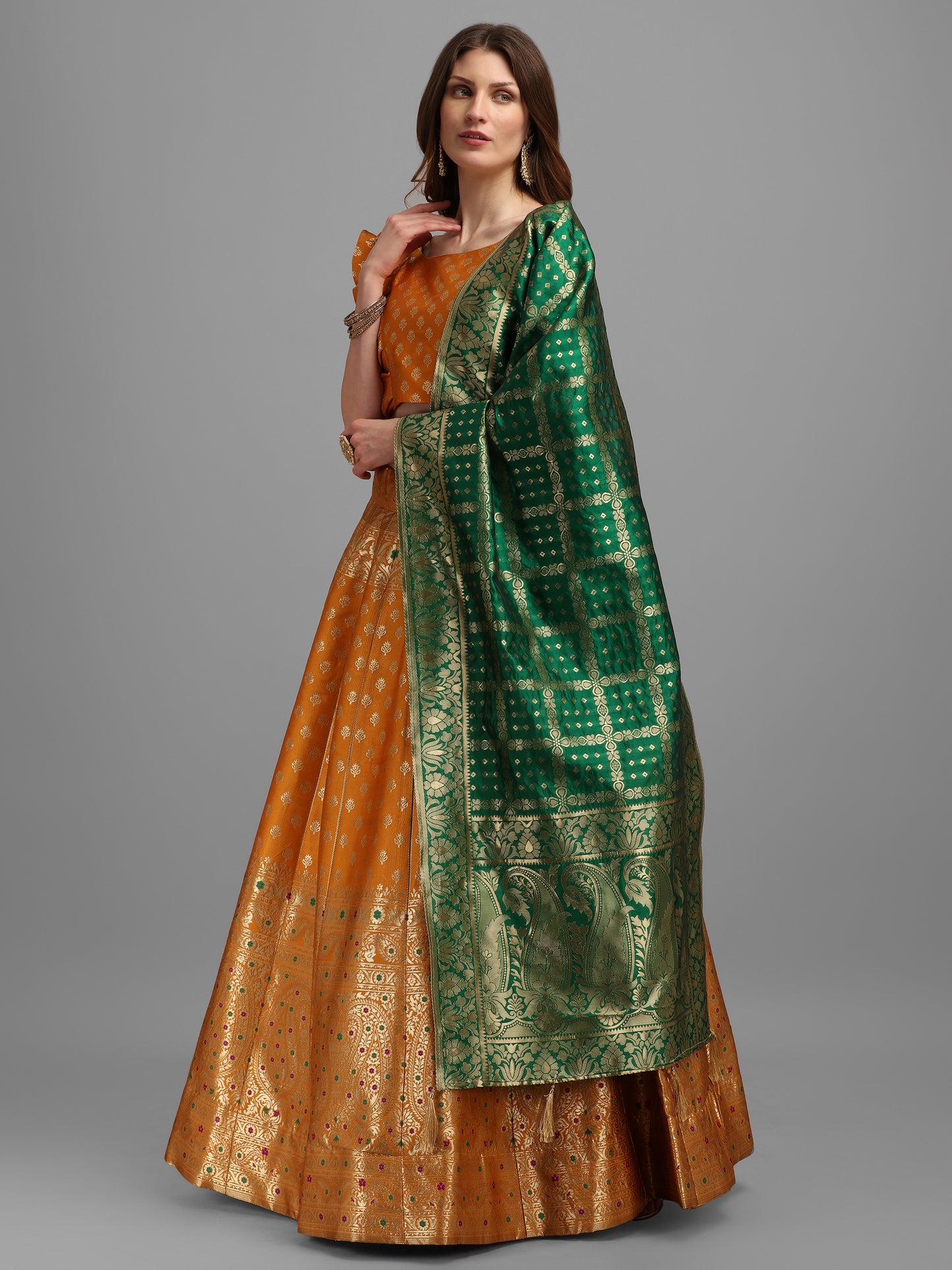 Women Yellow Self Design Print Lehenga