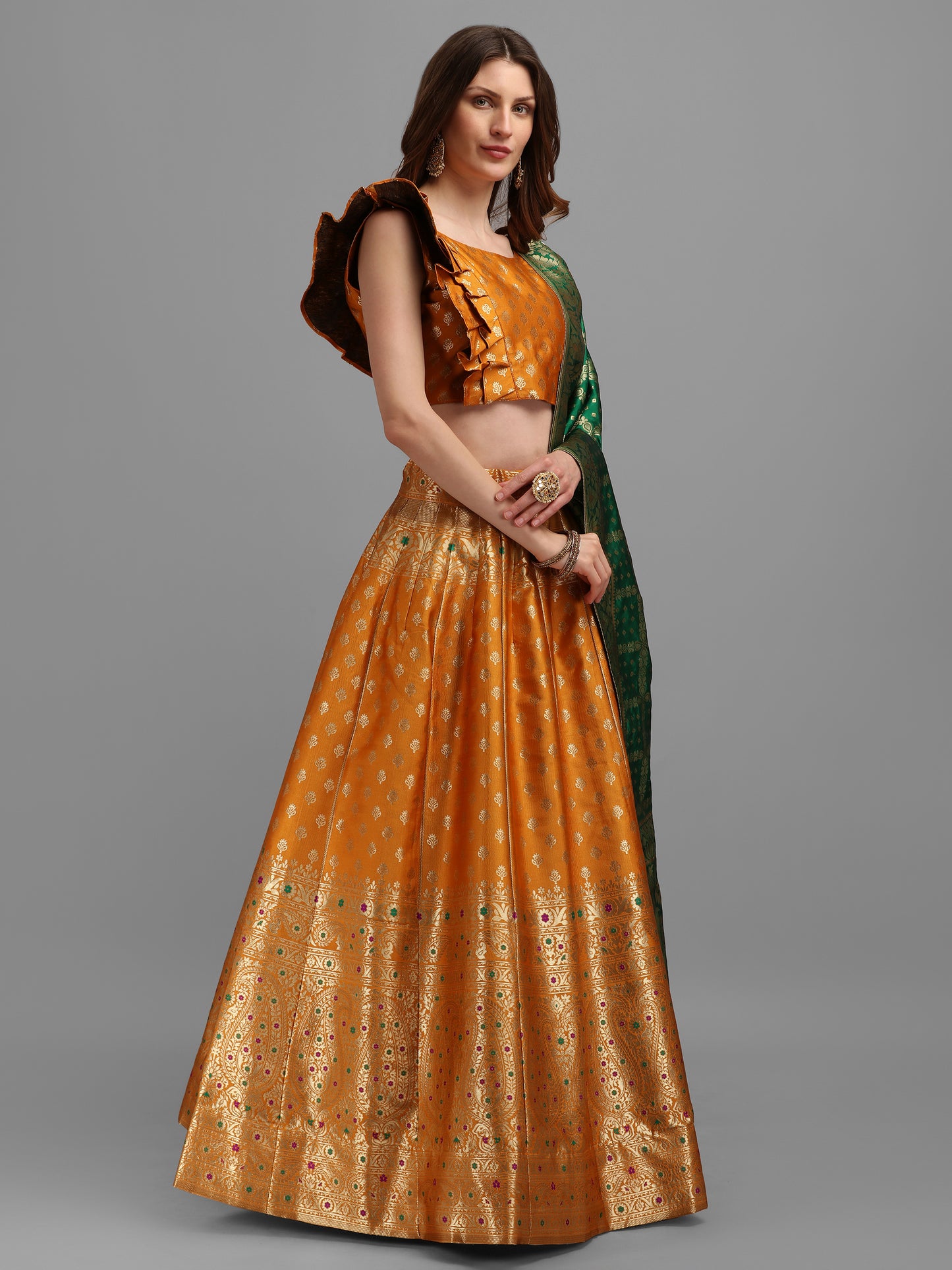 Women Yellow Self Design Print Lehenga