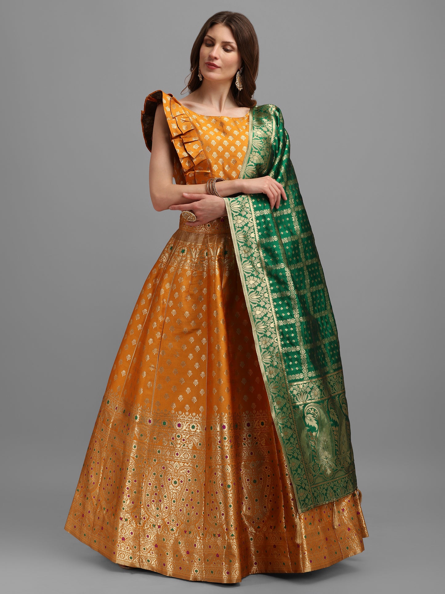 Women Yellow Self Design Print Lehenga