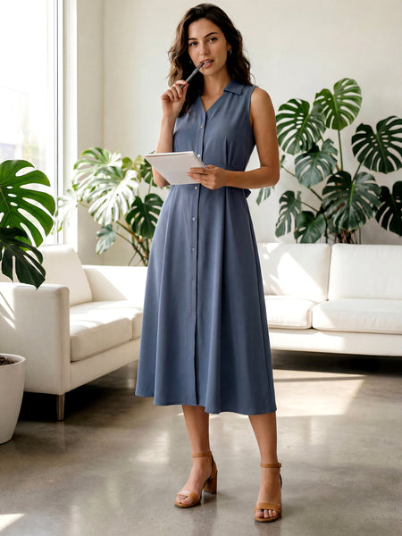 Chic Grey Nylon Blend Button-Down Sleeveless Shirt Collar Midi Dress