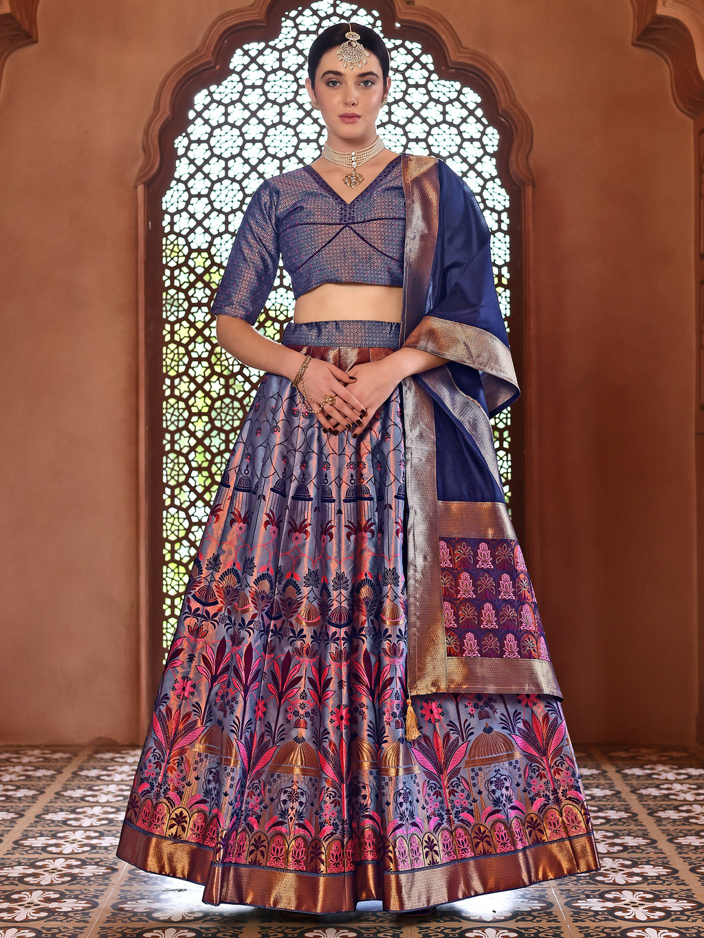 Woven With Zari Timeless Motifs Navy Blue Lehenga Choli