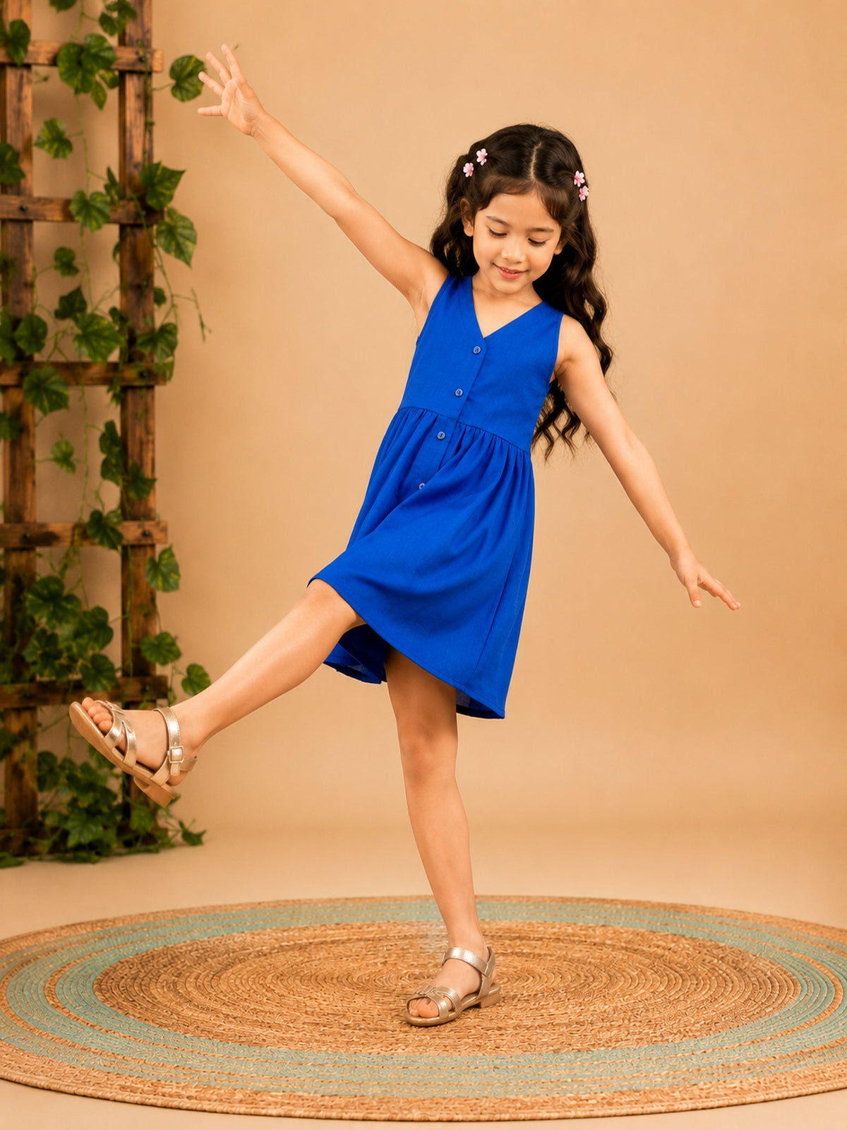 Fit & Flare Above Knee Sleeveless V-Neck Solid Dress-PJ-103