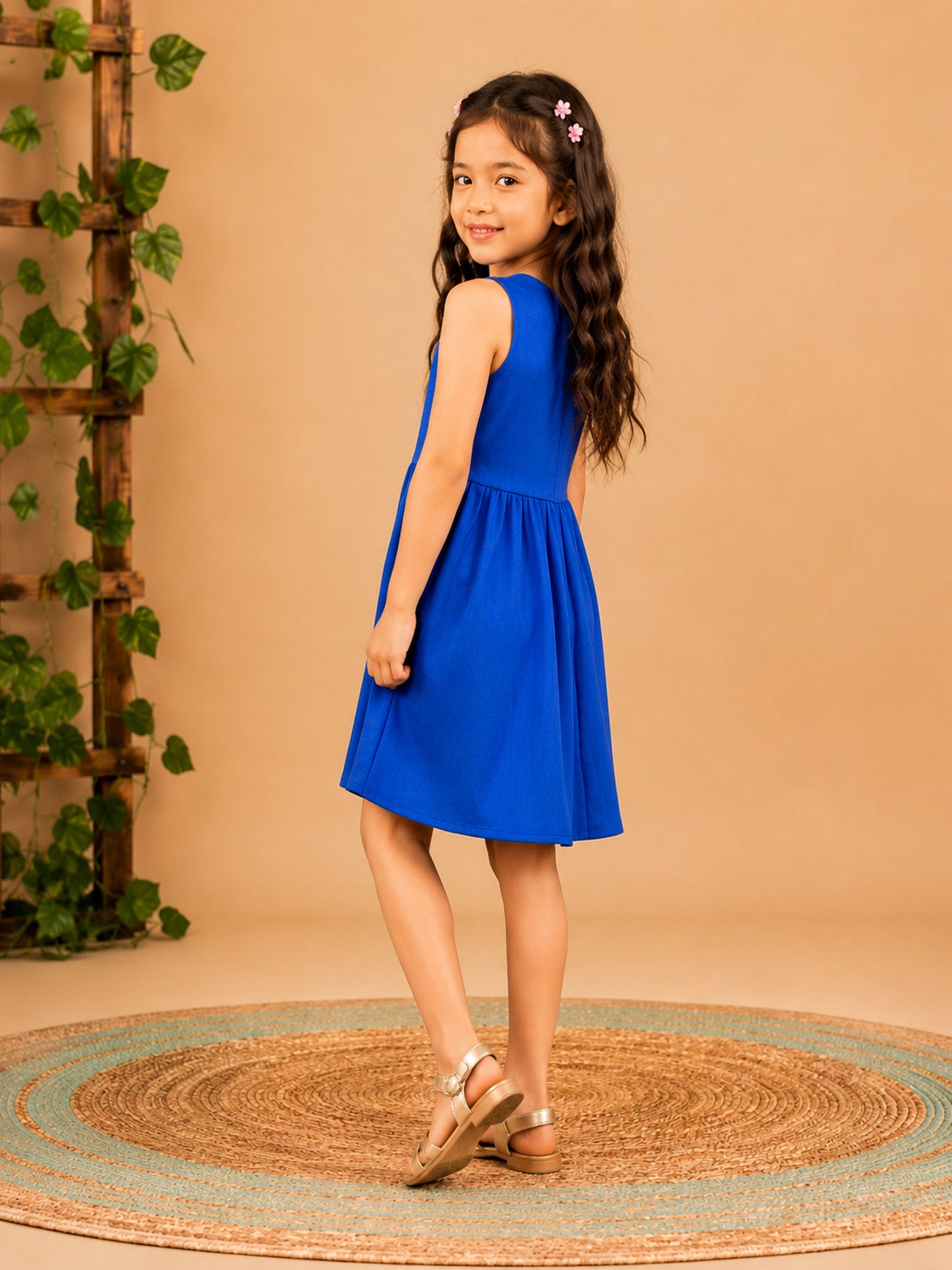 Fit & Flare Above Knee Sleeveless V-Neck Solid Dress-PJ-103