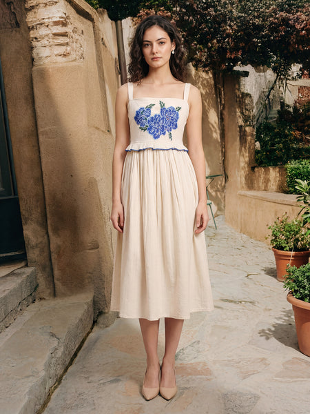 Fit & Flared Midi Sleeveless Square Solid Dress