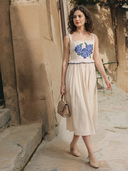 Fit & Flared Midi Sleeveless Square Solid Dress