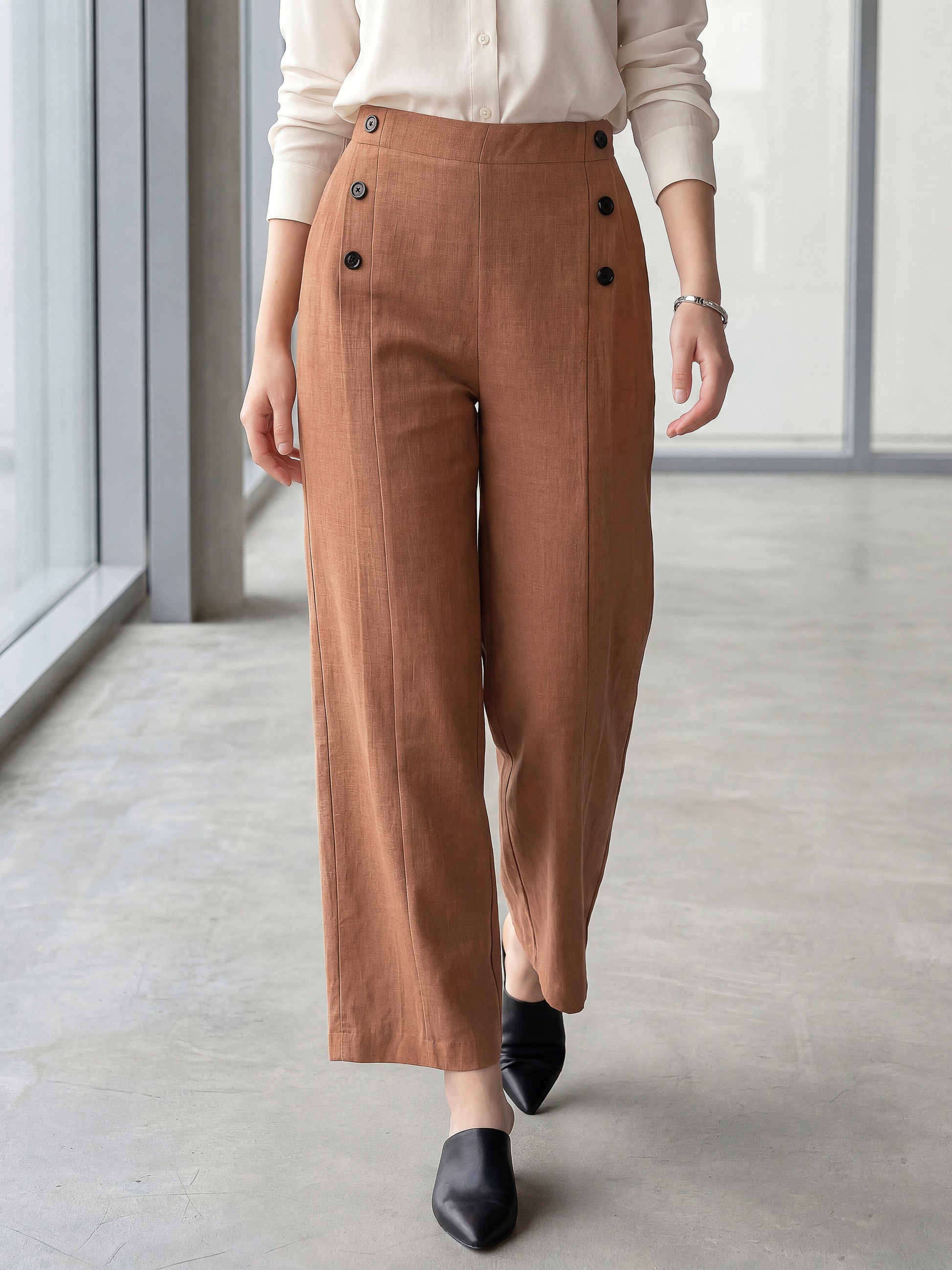 Relaxed Straight Leg Loose Fit Pleated High Rise Solid Trouser