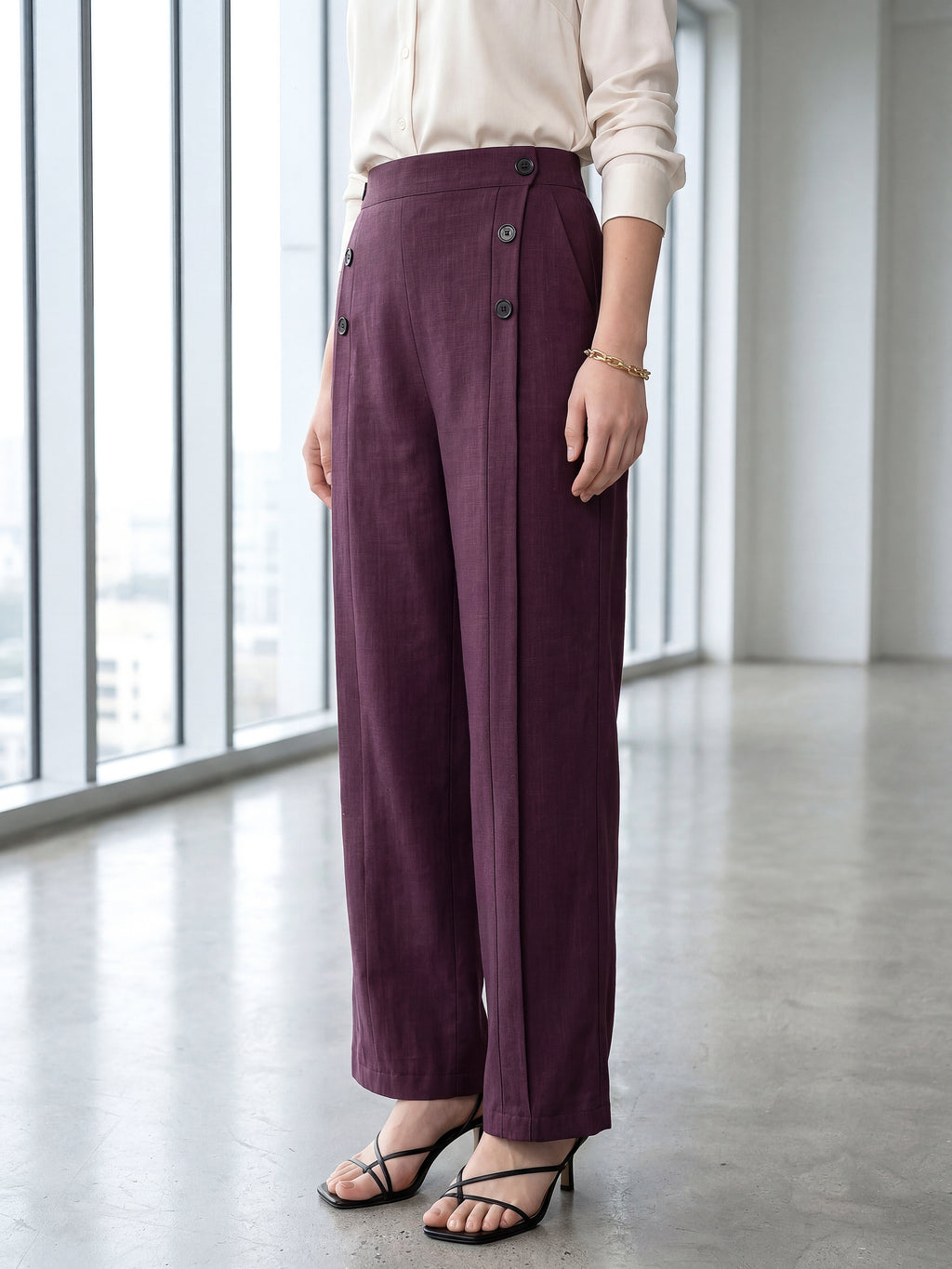 Relaxed Straight Leg Loose Fit Pleated High Rise Solid Trouser