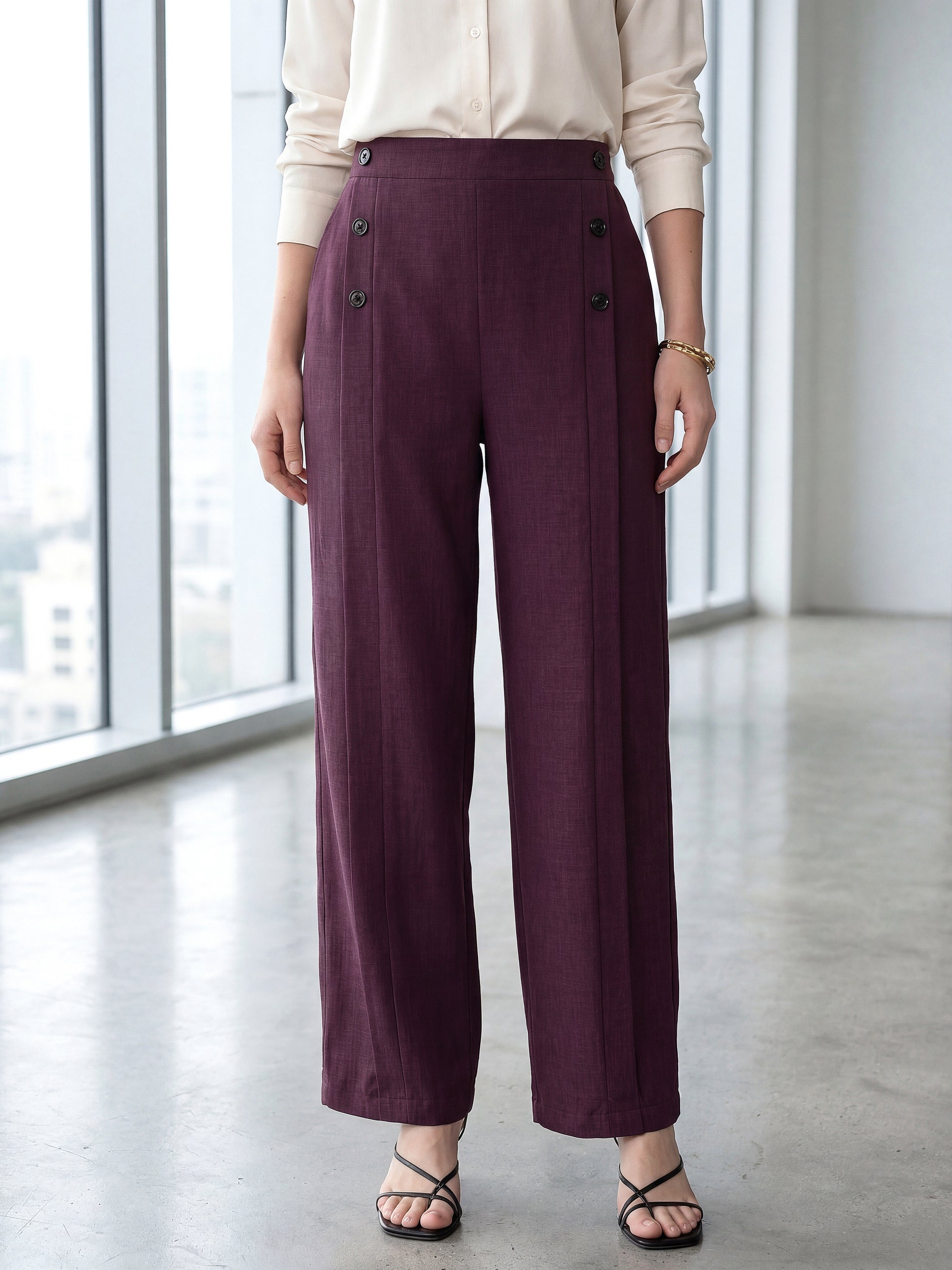 Relaxed Straight Leg Loose Fit Pleated High Rise Solid Trouser