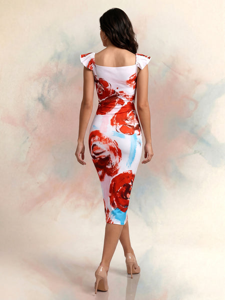 Floral Printed Bodycon Midi Dress with V-Neck & Cap Sleeves