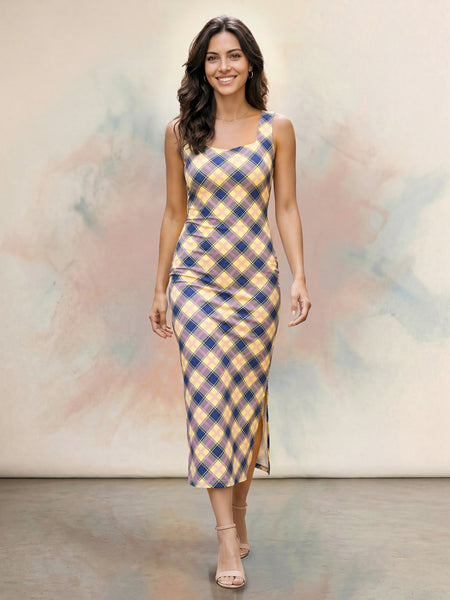Printed Bodycon Midi Dress with Square Neck & Sleeveless Style