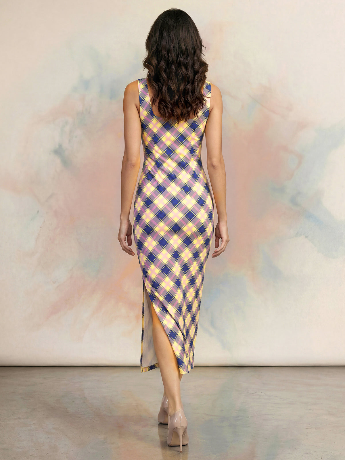 Printed Bodycon Midi Dress with Square Neck & Sleeveless Style