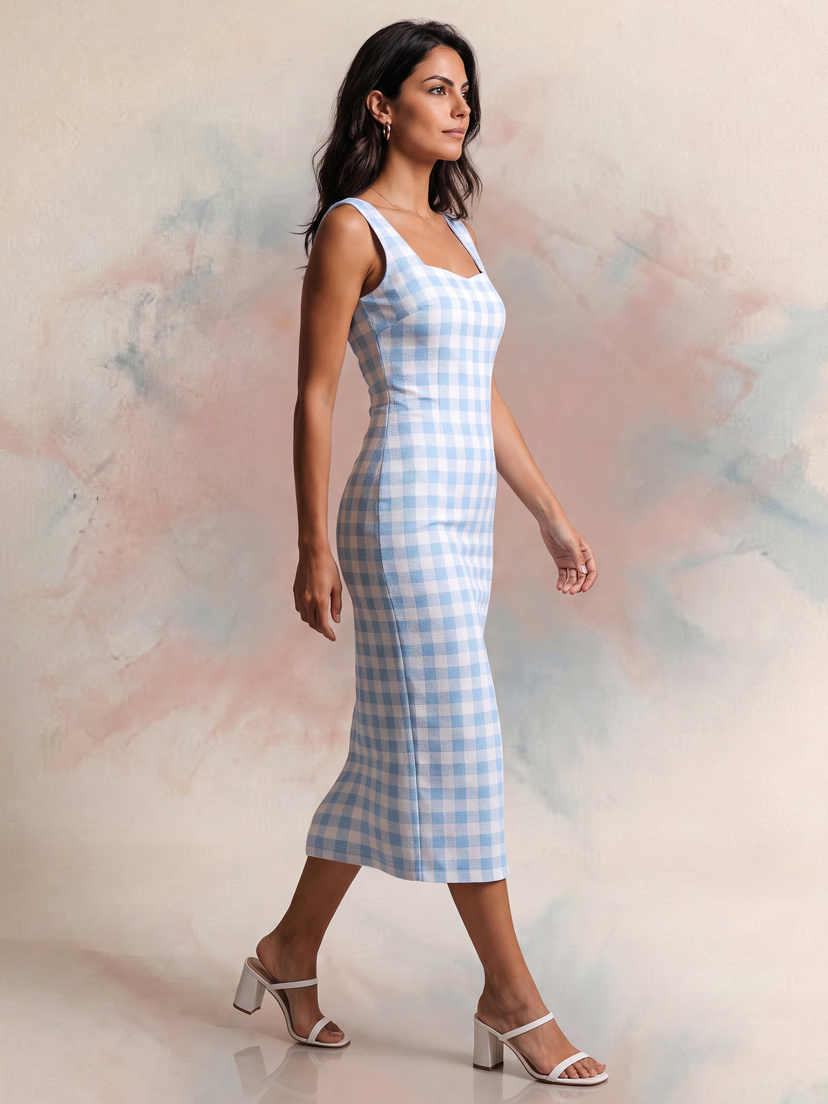 Printed Bodycon Midi Dress with Square Neck & Sleeveless Style
