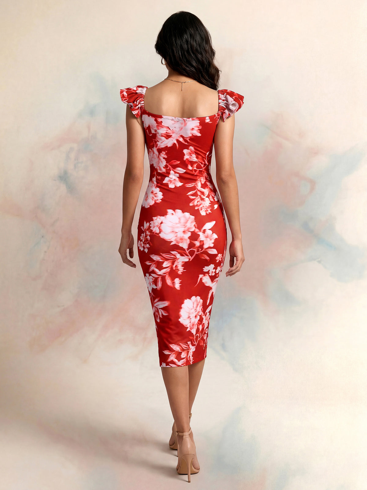Floral Printed Bodycon Midi Dress with V-Neck & Cap Sleeves