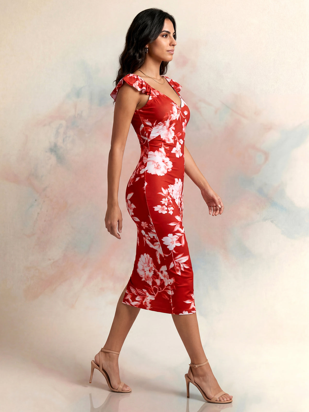 Floral Printed Bodycon Midi Dress with V-Neck & Cap Sleeves