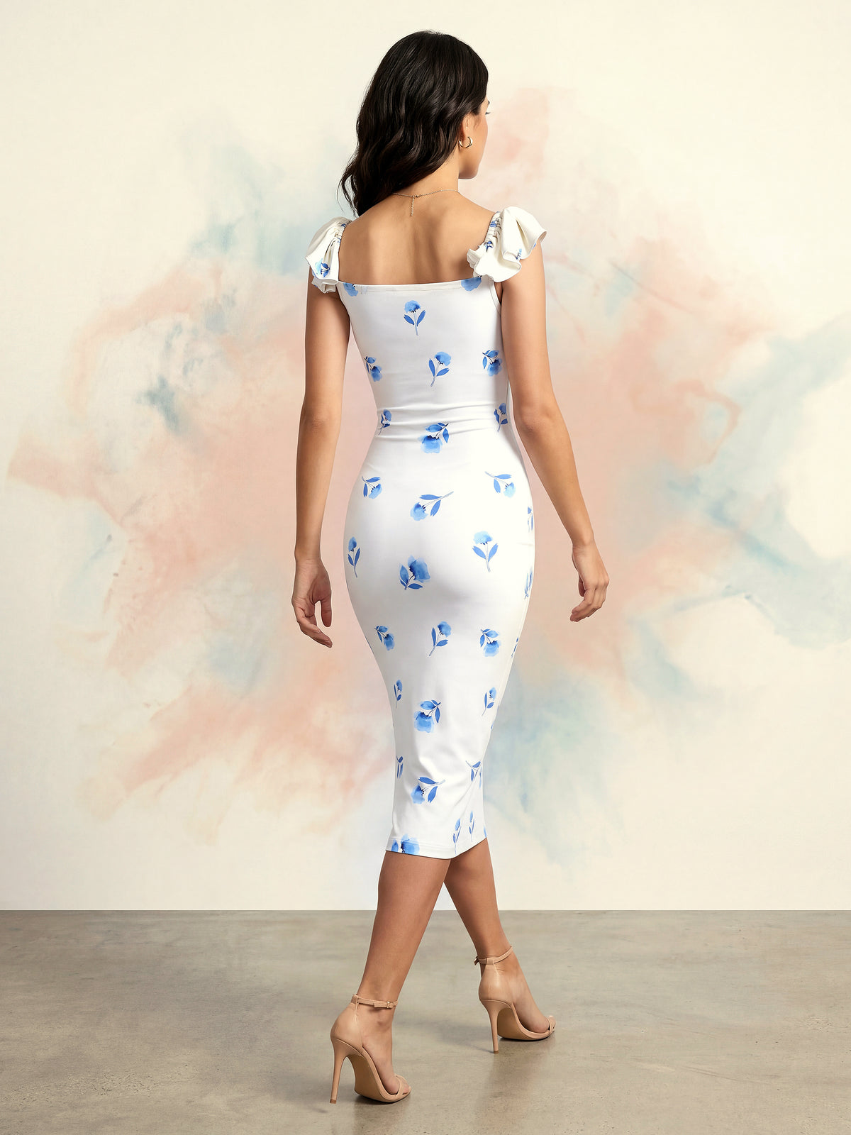 Floral Printed Bodycon Midi Dress with V-Neck & Cap Sleeves