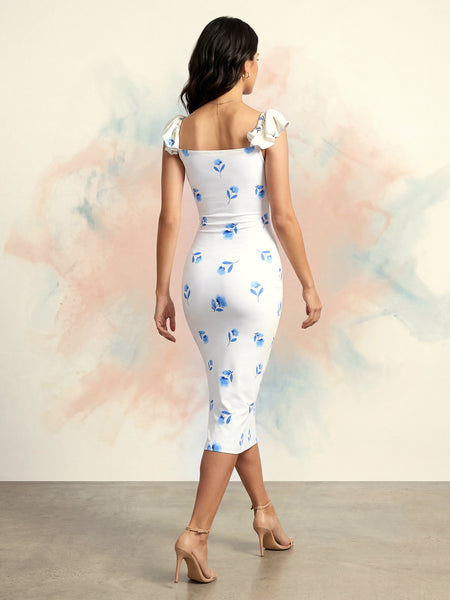 Floral Printed Bodycon Midi Dress with V-Neck & Cap Sleeves