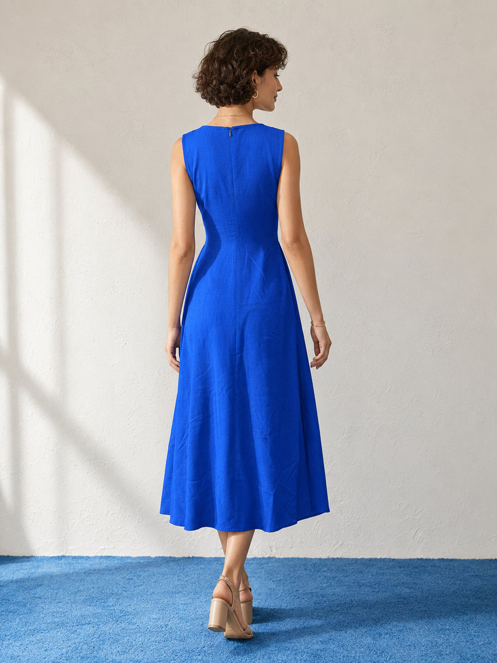 Fit & Flared Midi Sleeveless V-Neck Solid Dress