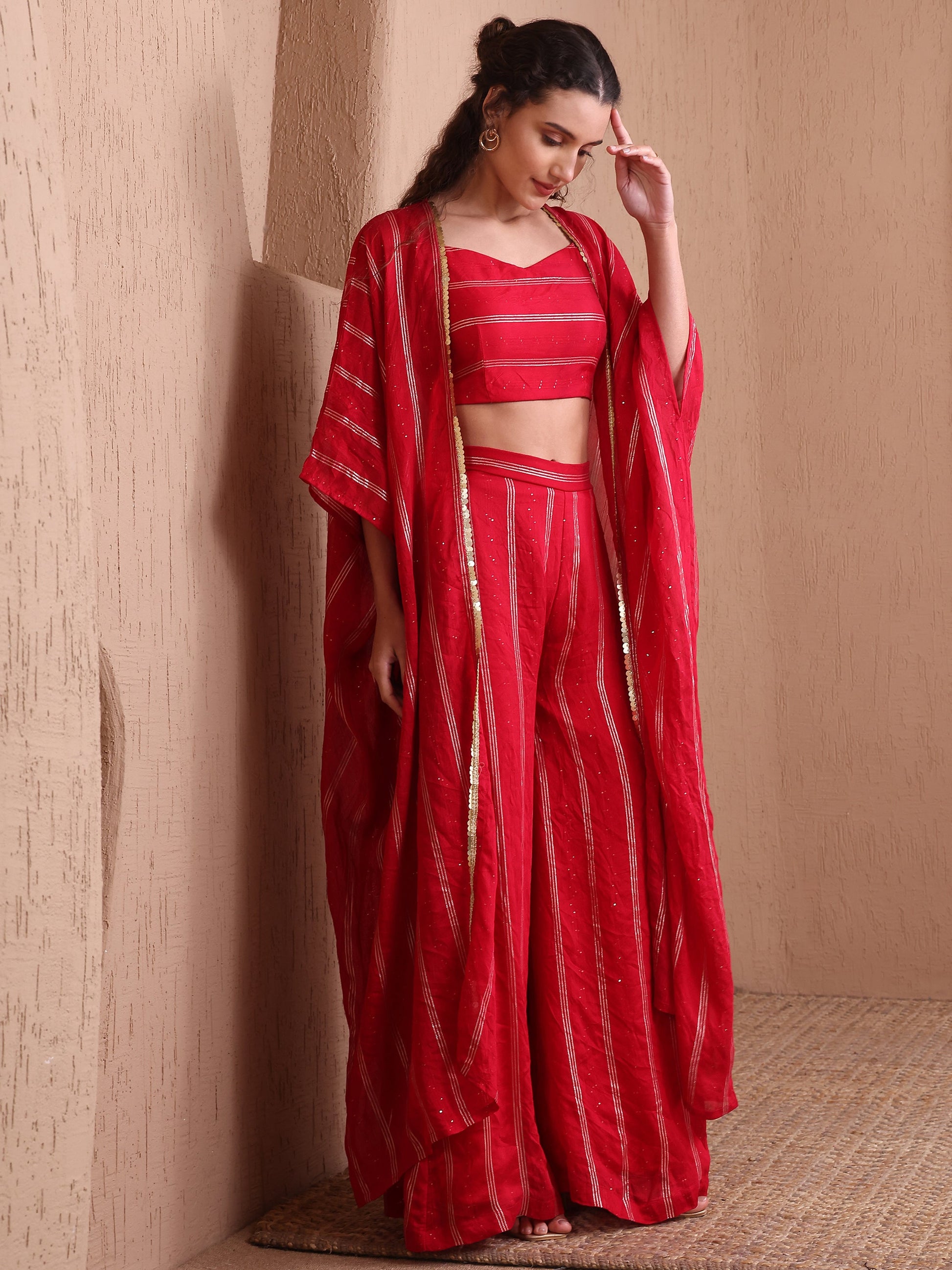 Women's Red Pure Viscose Sweetheart Ethenic Co-Ords