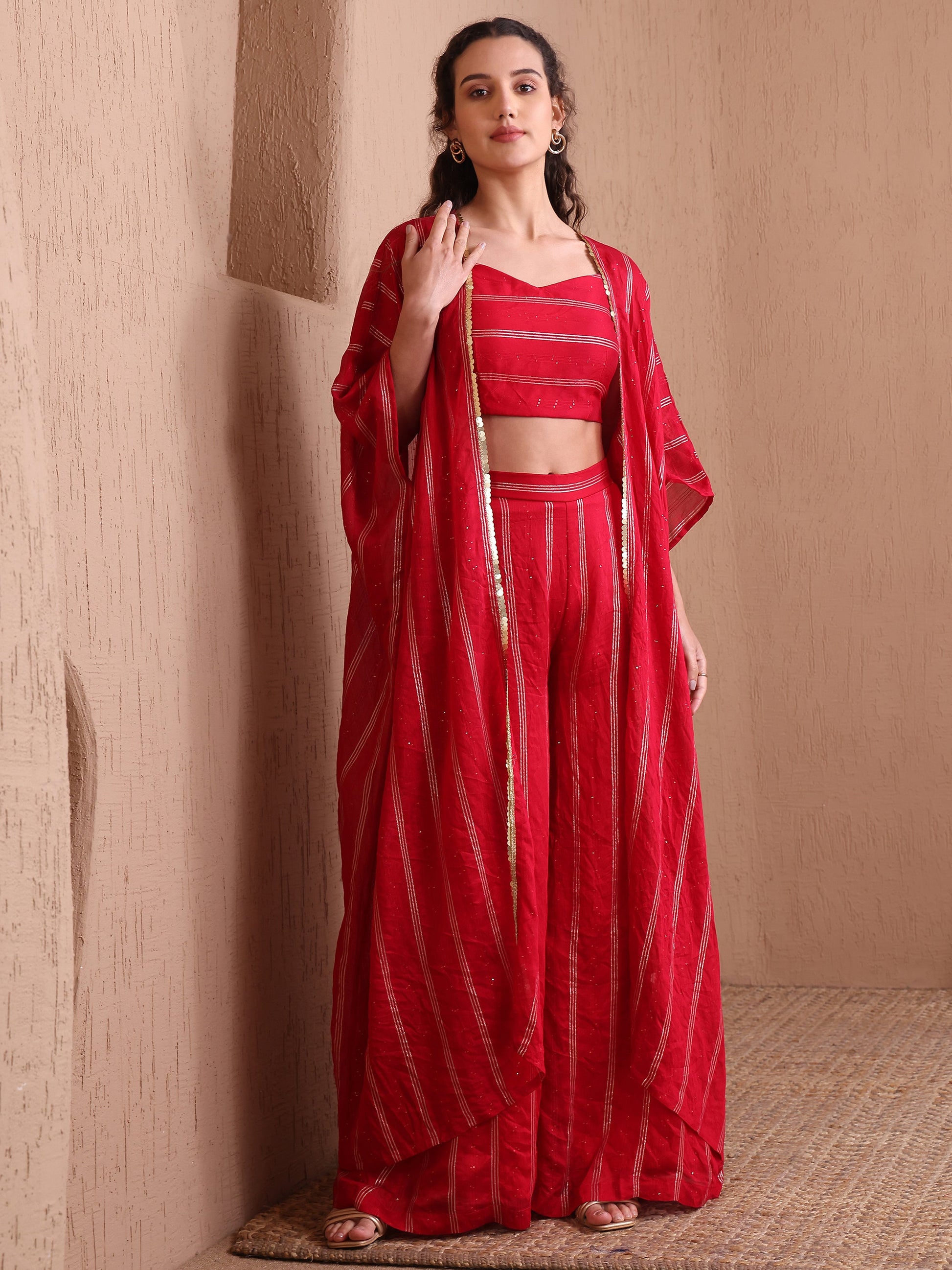 Women's Red Pure Viscose Sweetheart Ethenic Co-Ords