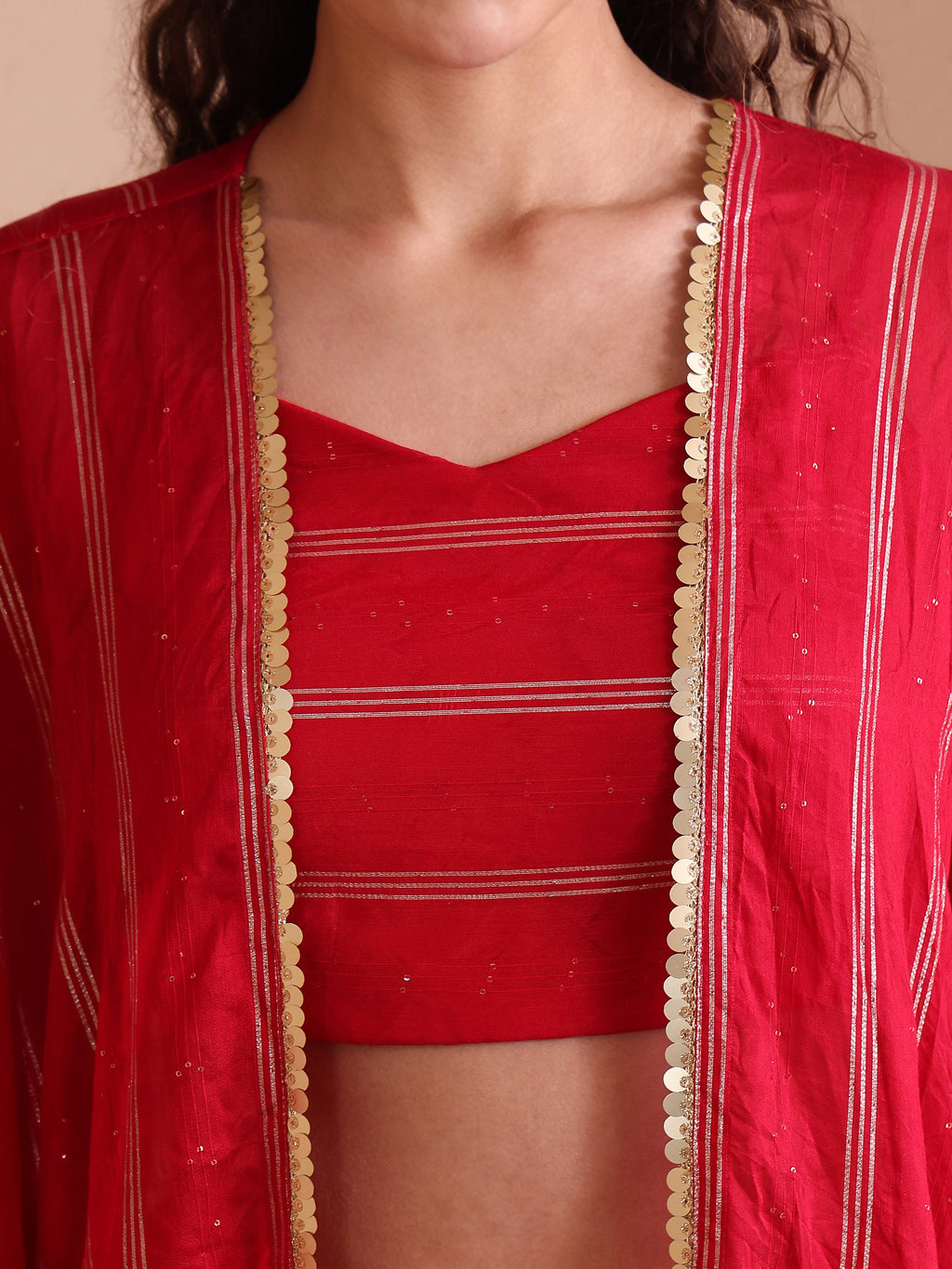 Women's Red Pure Viscose Sweetheart Ethenic Co-Ords