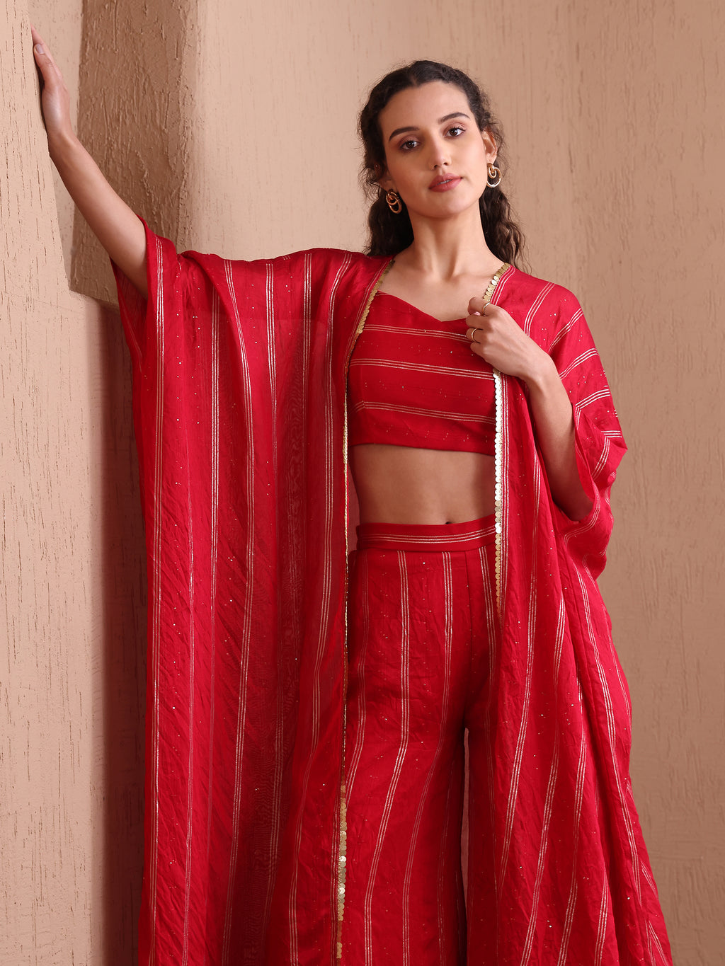 Women's Red Pure Viscose Sweetheart Ethenic Co-Ords