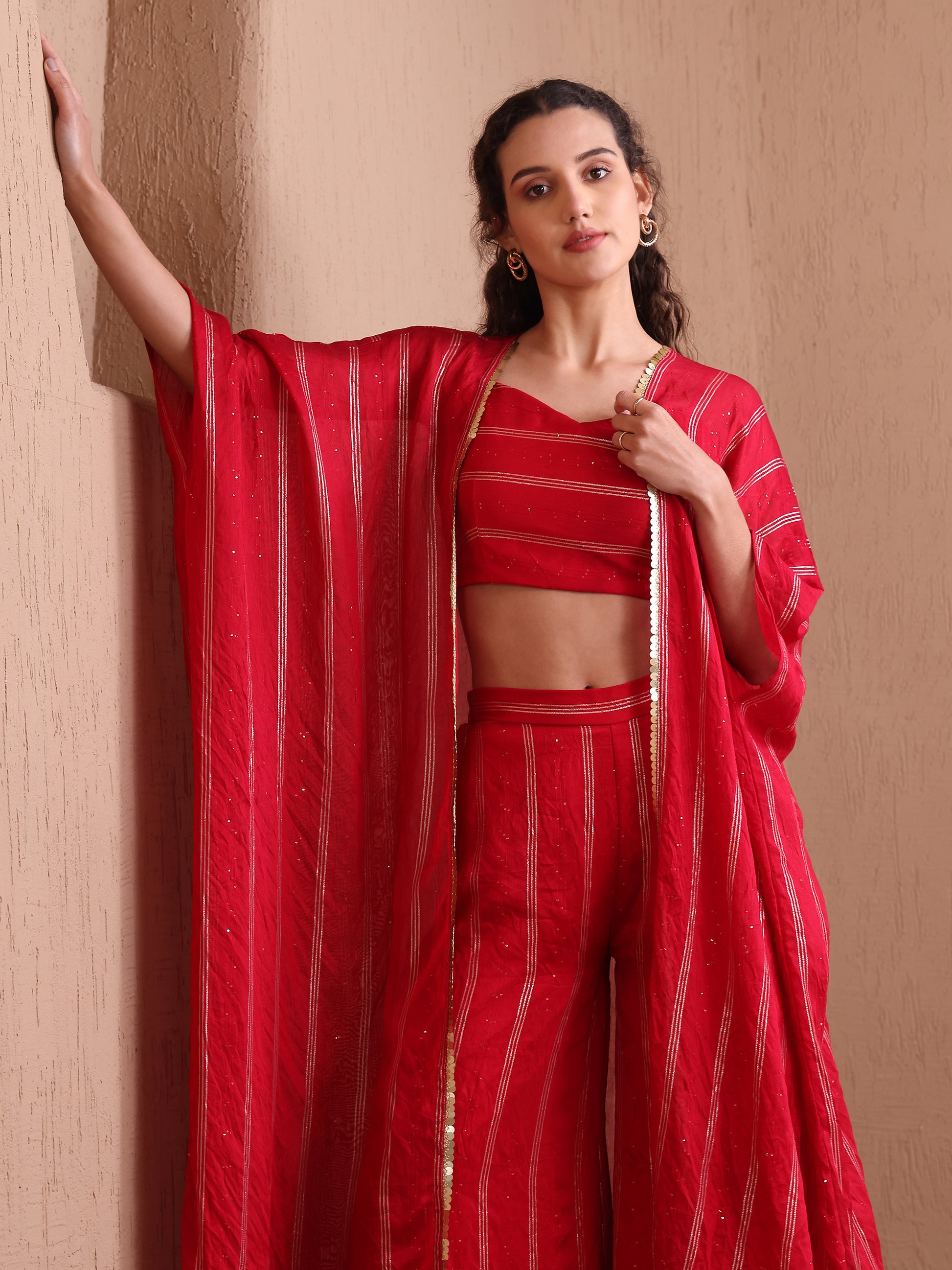Women's Red Pure Viscose Sweetheart Ethenic Co-Ords