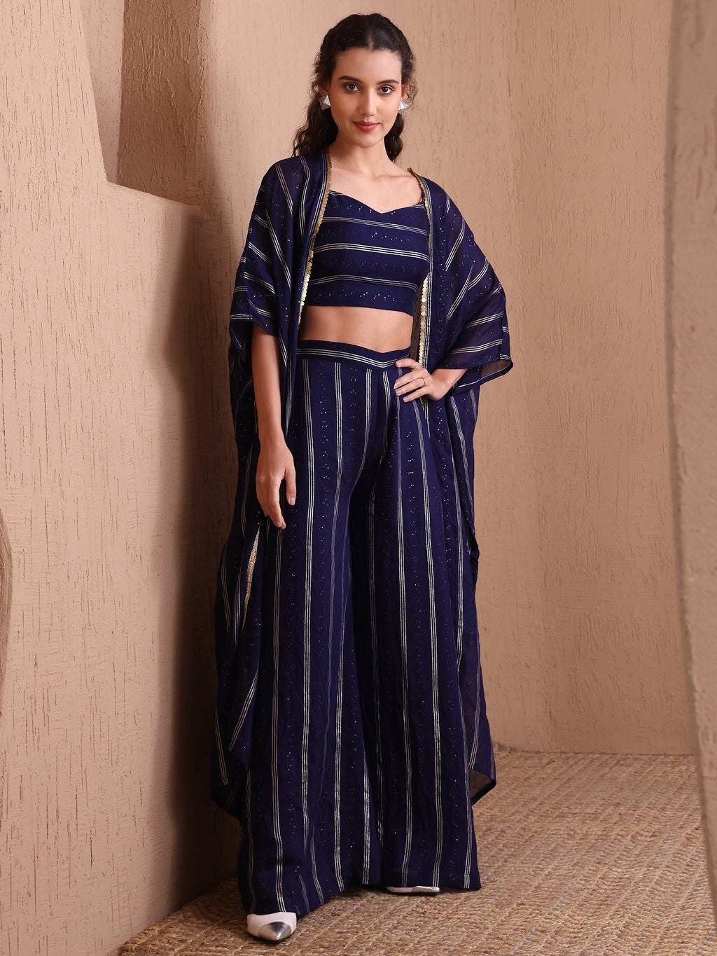 Women's Navy Blue Pure Viscose Sweetheart Ethenic Co-Ords