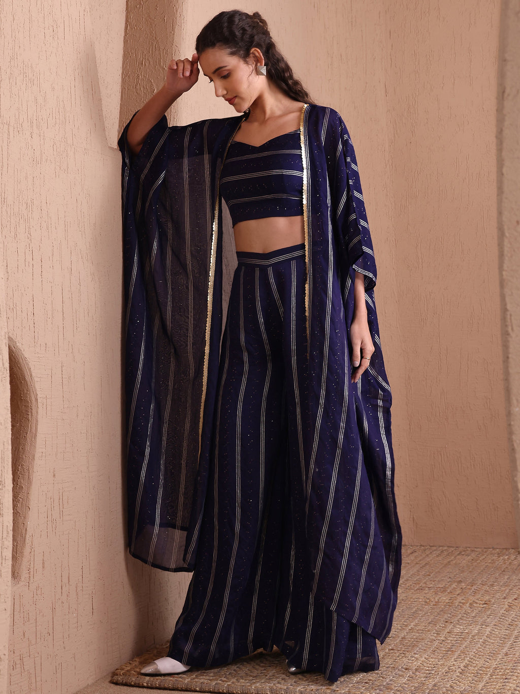 Women's Navy Blue Pure Viscose Sweetheart Ethenic Co-Ords