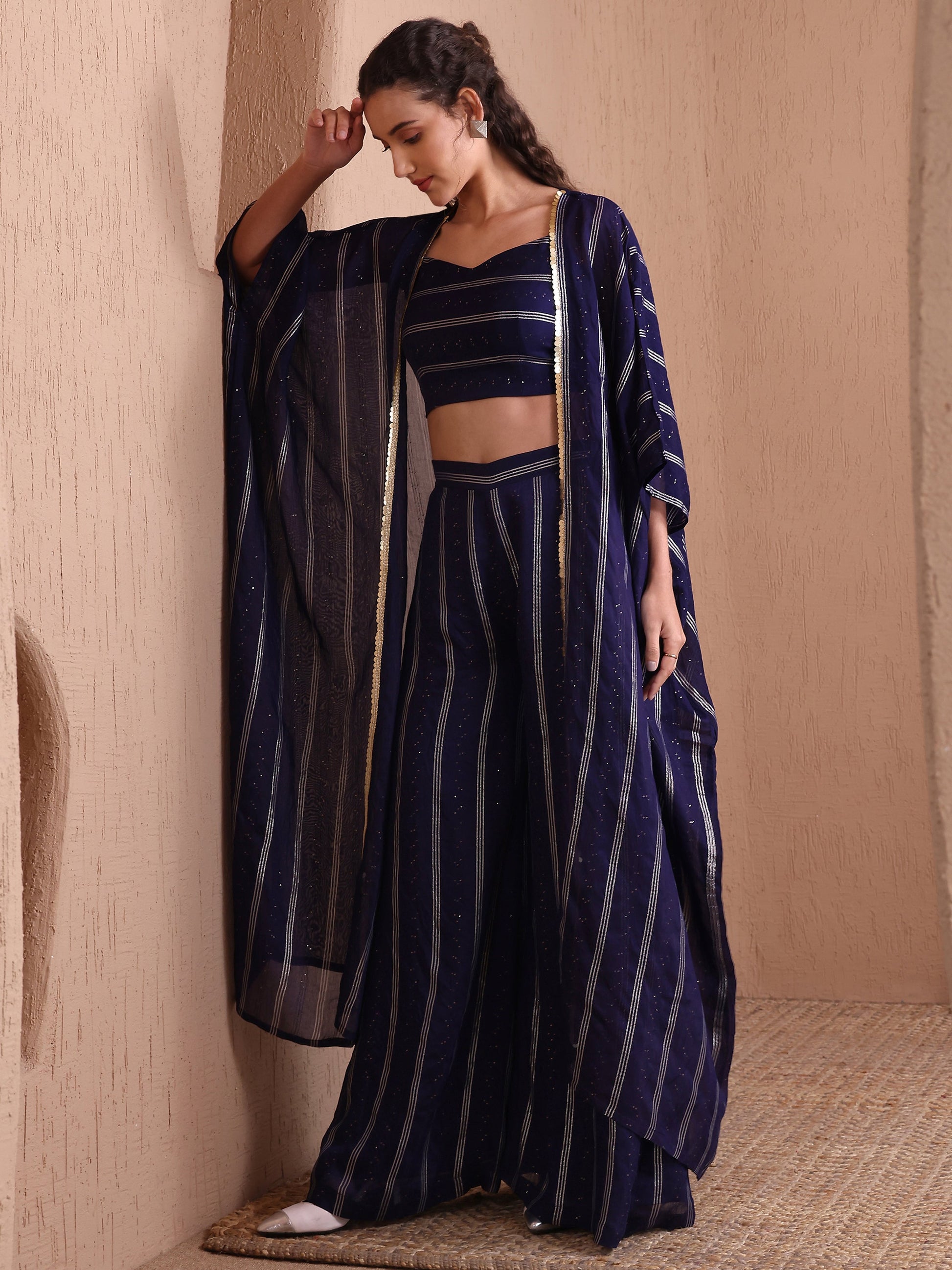 Women's Navy Blue Pure Viscose Sweetheart Ethenic Co-Ords