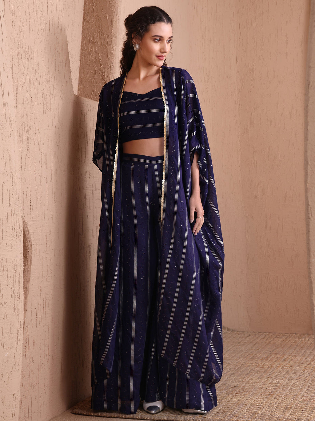 Women's Navy Blue Pure Viscose Sweetheart Ethenic Co-Ords